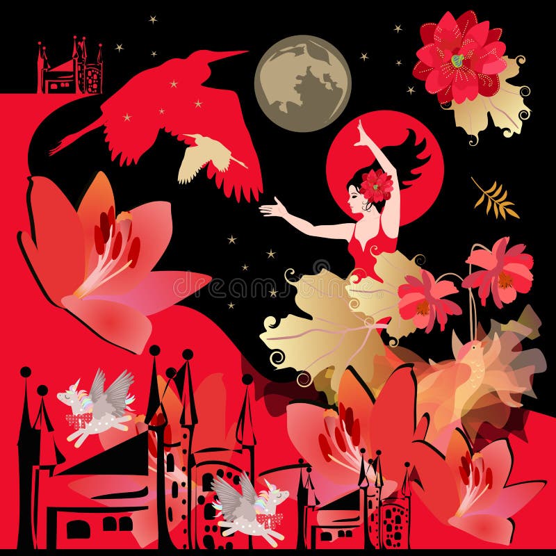 Poster o scialle quadrato con motivo magico Banzatrice di flamenco, uccelli alati da fiaba, unicorni, castelli, fiori illustrazione vettoriale Poster o scialle quadrato con motivo magico Banzatrice di flamenco, uccelli alati da fiaba, unicorni, castelli, fiori illustrazione vettoriale