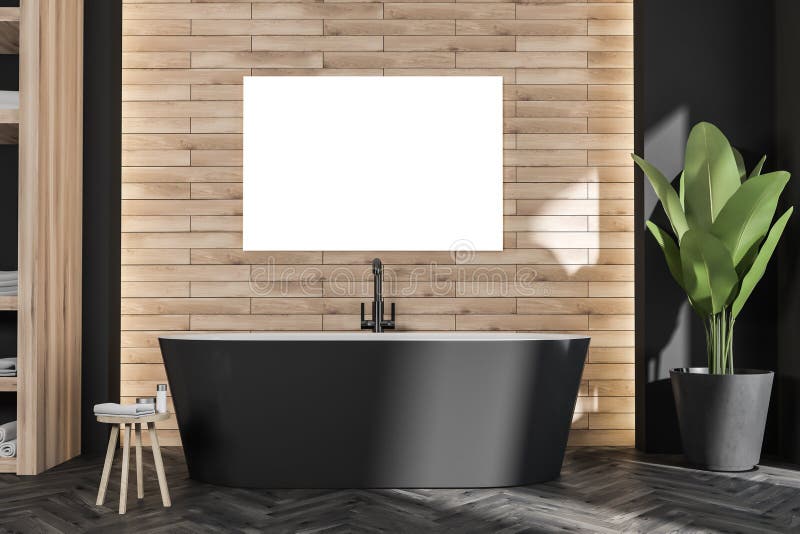 Poster with oval black bathtub in modern wood look bathroom