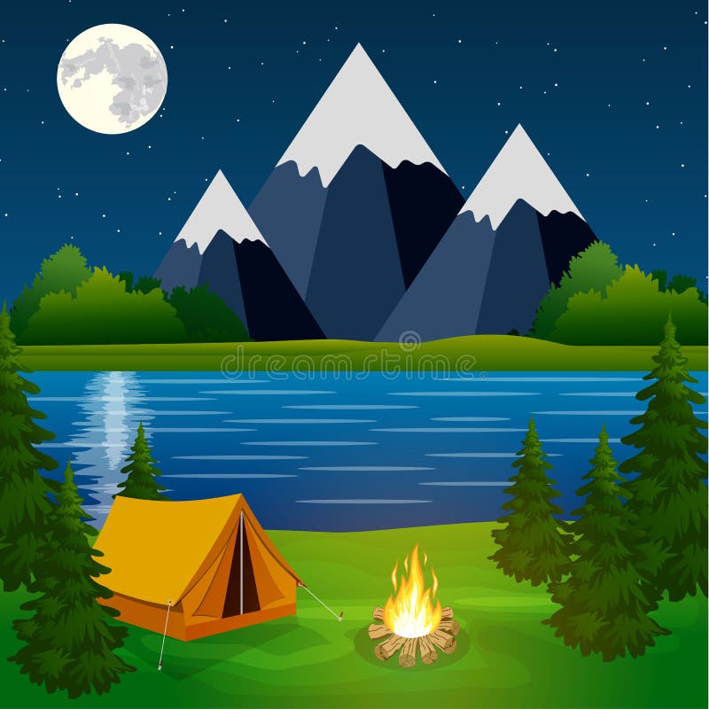 Poster Showing Campsite with a Campfire Stock Vector - Illustration of ...