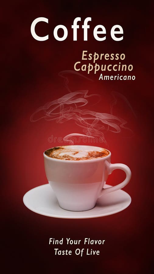 Poster verticale con tazza di caffè caldo su sfondo rosso