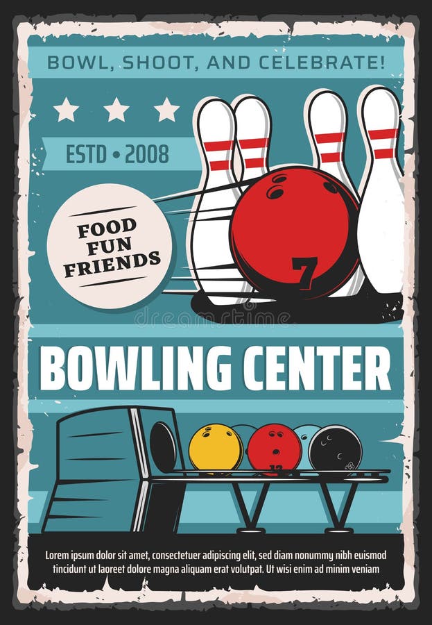 Bowling center, sport game club and league tournament vintage retro poster. Vector bowling game club, balls and skittle pins equipment for strike, hobby entertainment and professional championship. Bowling center, sport game club and league tournament vintage retro poster. Vector bowling game club, balls and skittle pins equipment for strike, hobby entertainment and professional championship