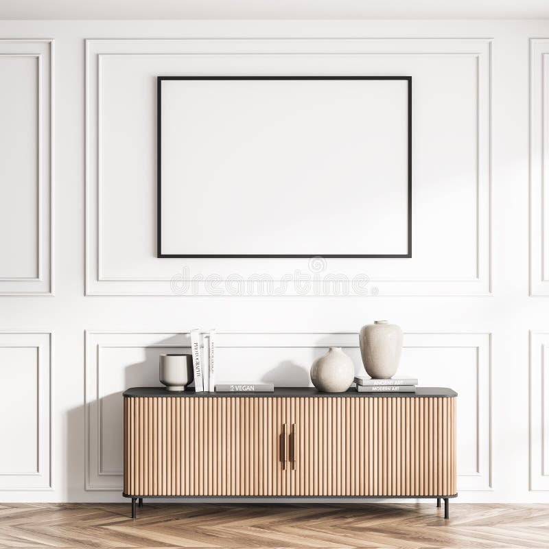 Poster in the white living room interior with sideboard and wall moulding