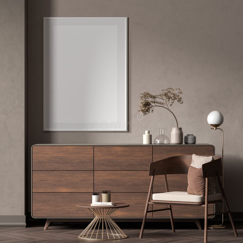 Posterframe in scandinavische stijl met houten meubelen. minimalistisch interieurontwerp 3d illustratie