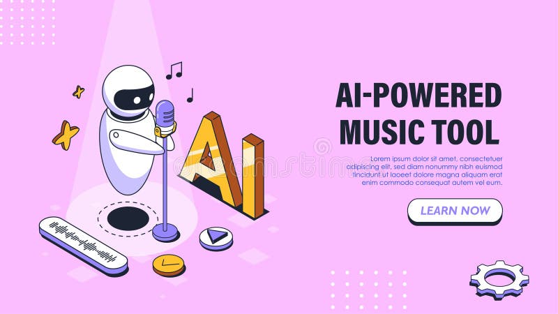 Posterul instrumentului muzical bazat pe tehnologia AI. Robot cu microfon în apropierea mesajului audio. Inteligență artificială ș royalty free illustration