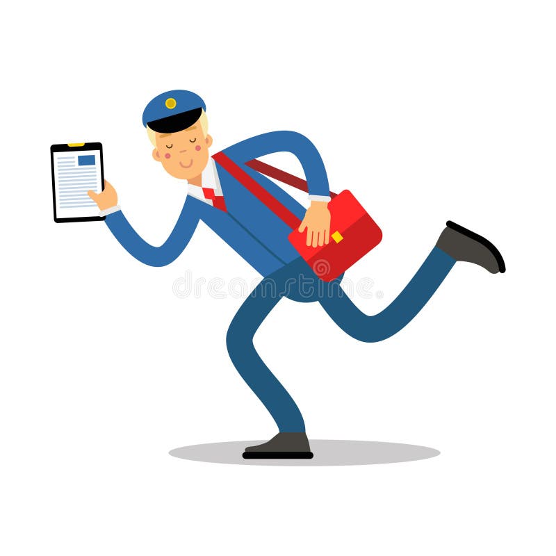 Postino in uniforme del blu con il personaggio dei cartoni animati corrente rosso della lavagna per appunti e della borsa, illust illustrazione di stock Postino in uniforme del blu con il personaggio dei cartoni animati corrente rosso della lavagna per appunti e della borsa, illust illustrazione di stock