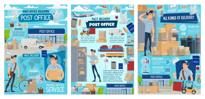 Postkantoor, brievenbesteller, post en pakketlevering royalty-vrije illustratie Postkantoor, brievenbesteller, post en pakketlevering royalty-vrije illustratie