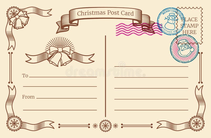 Postkarte des Weinleseweihnachtsfreien raumes mit Textraum und Weihnachtspoststempeln Rand der Farbband-, Lorbeer- und Eichenblät lizenzfreie abbildung Postkarte des Weinleseweihnachtsfreien raumes mit Textraum und Weihnachtspoststempeln Rand der Farbband-, Lorbeer- und Eichenblät lizenzfreie abbildung