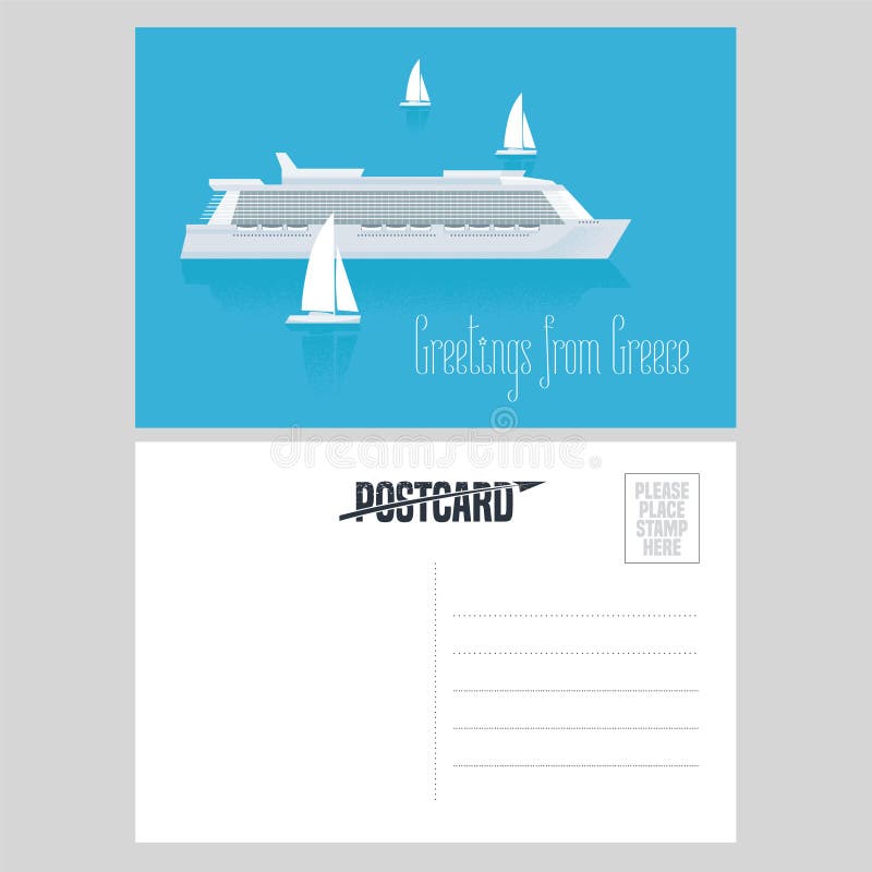 Postkarte von der Griechenland-Vektorillustration mit Kreuzfahrtschiff im Mittelmeer vektor abbildung
