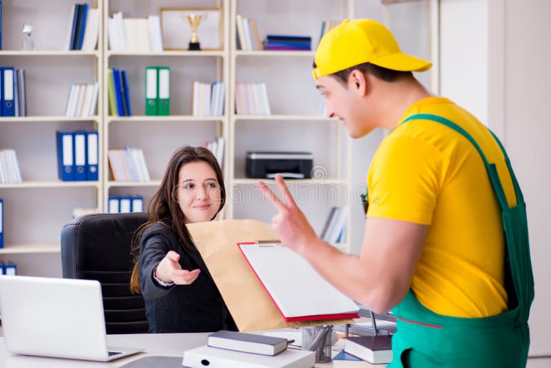 The Postman Delivering Parcel To the Office Stock Image Image of
