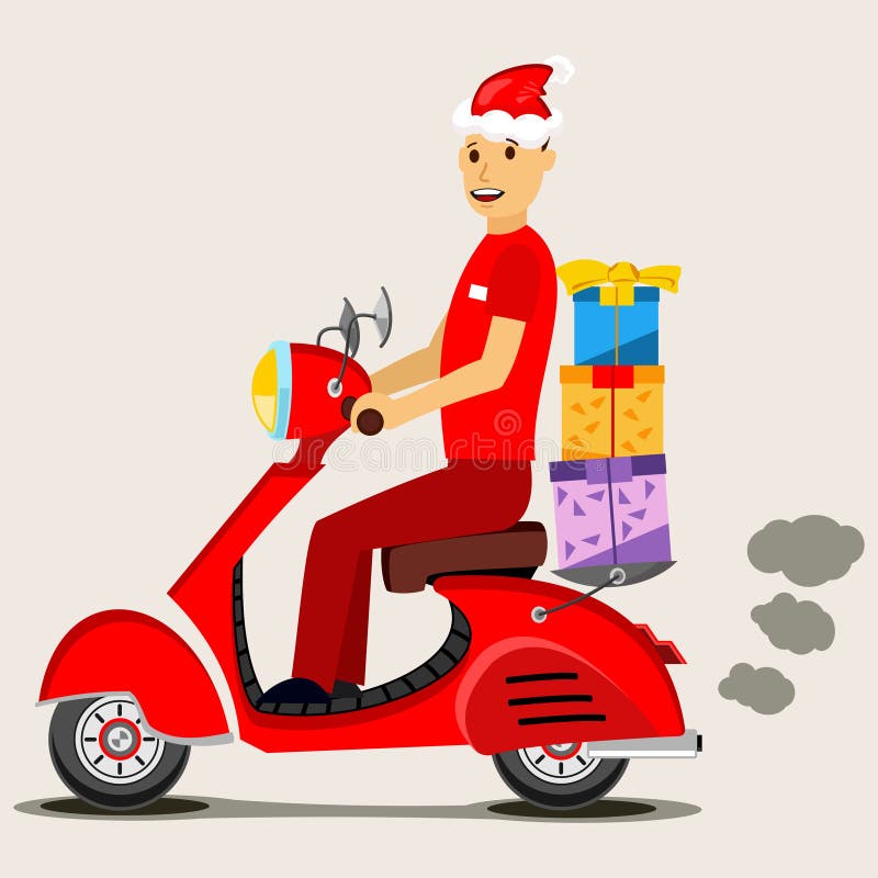 Postman in einem roten Santa-Hut auf einem Roller und einem Geschenkkarton Vector Urlaubslieferung lizenzfreie abbildung Postman in einem roten Santa-Hut auf einem Roller und einem Geschenkkarton Vector Urlaubslieferung lizenzfreie abbildung