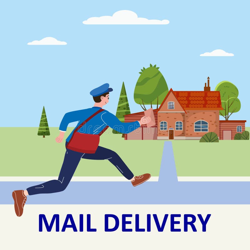 Postman Running with Bag Delivering Letter in Envelope for House To