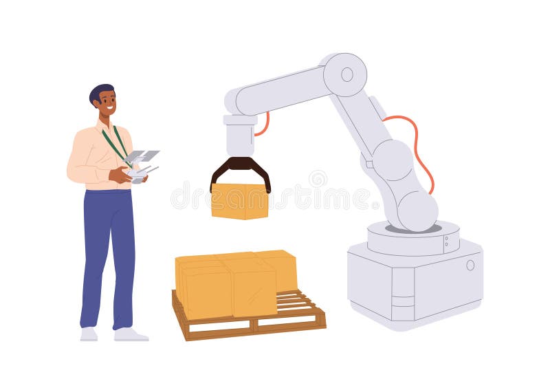 Postman using robotic multi-jointed limbs for parcel loading, fast delivery and shipping logistic vector illustration