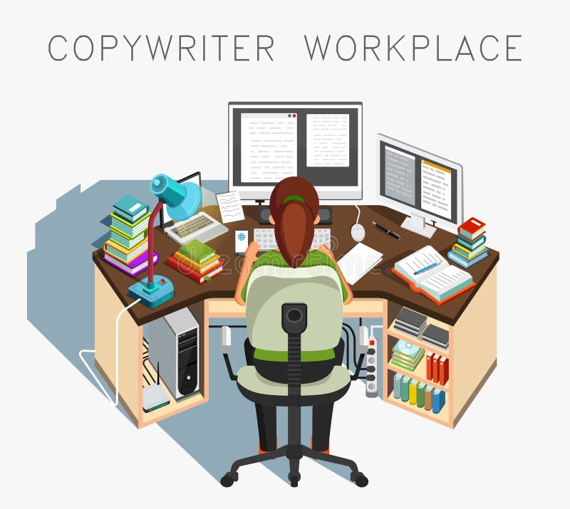 Posto di lavoro del copywriter Scrittore sul lavoro Attività giornalistica Vettore illustrazione di stock Posto di lavoro del copywriter Scrittore sul lavoro Attività giornalistica Vettore illustrazione di stock