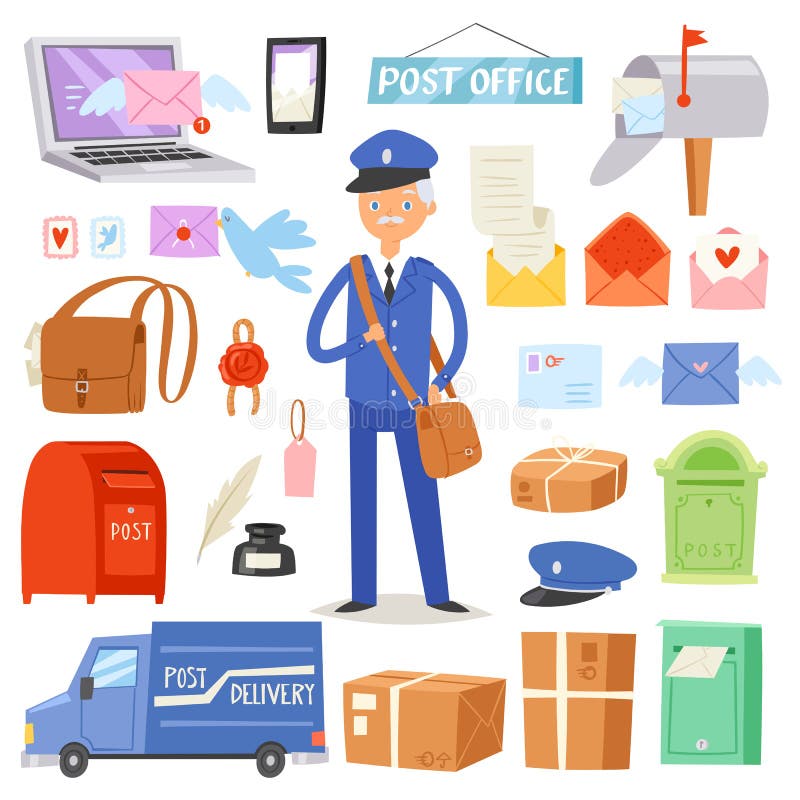 Postoffice wektorowy listonosz dostarcza poczta w postbox lub skrzynki pocztowa i poczta charakter niesie mailed listy w listowym royalty ilustracja Postoffice wektorowy listonosz dostarcza poczta w postbox lub skrzynki pocztowa i poczta charakter niesie mailed listy w listowym royalty ilustracja