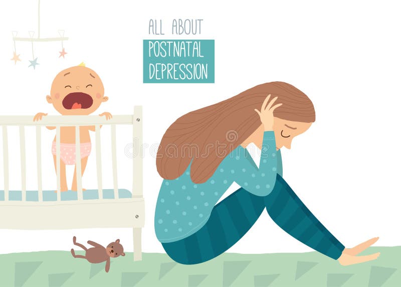 Postpartum depression. Postnatal depression. Baby s blues. Cartoon vector hand drawn eps 10 illustration isolated on white background