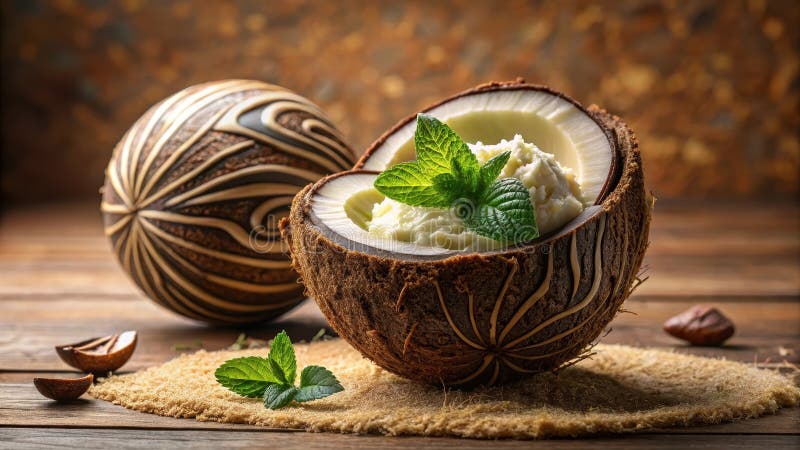 Postre cremoso enclavado en una concha de coco escindida adornada con hojas de menta recién hechas al lado de una decoración de co ilustración del vector