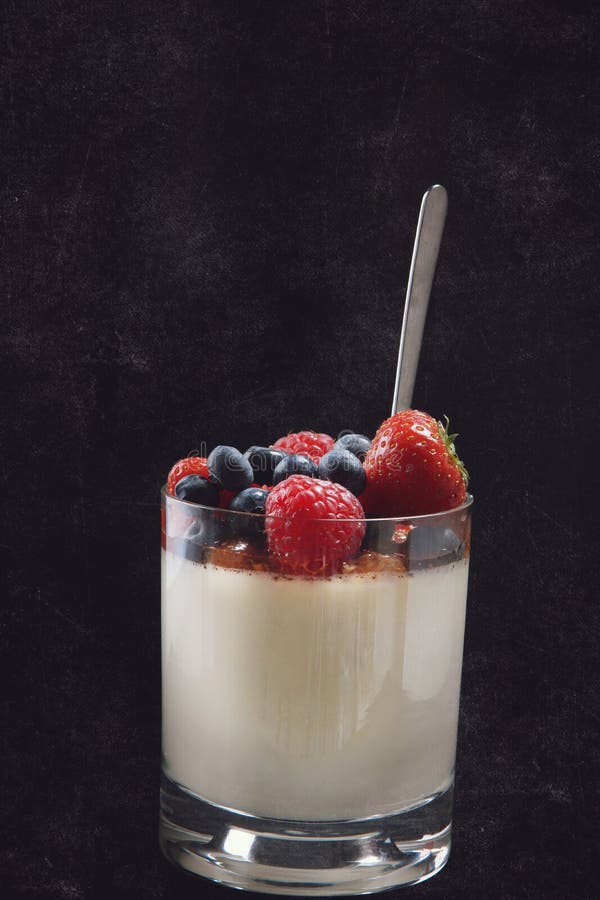 Postre italiano cremoso de Panakota en un cubilete de cristal con las bayas en un fondo oscuro imagen de archivo libre de regalías Postre italiano cremoso de Panakota en un cubilete de cristal con las bayas en un fondo oscuro imagen de archivo libre de regalías