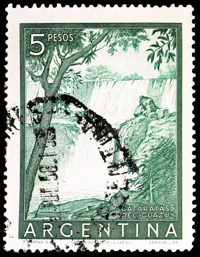 Poststempel, gedrukt in Argentinië, toont ongeveer 1955 Iguazú Falls, Personalities and Landscapes serie, stock foto's Poststempel, gedrukt in Argentinië, toont ongeveer 1955 Iguazú Falls, Personalities and Landscapes serie, stock foto's