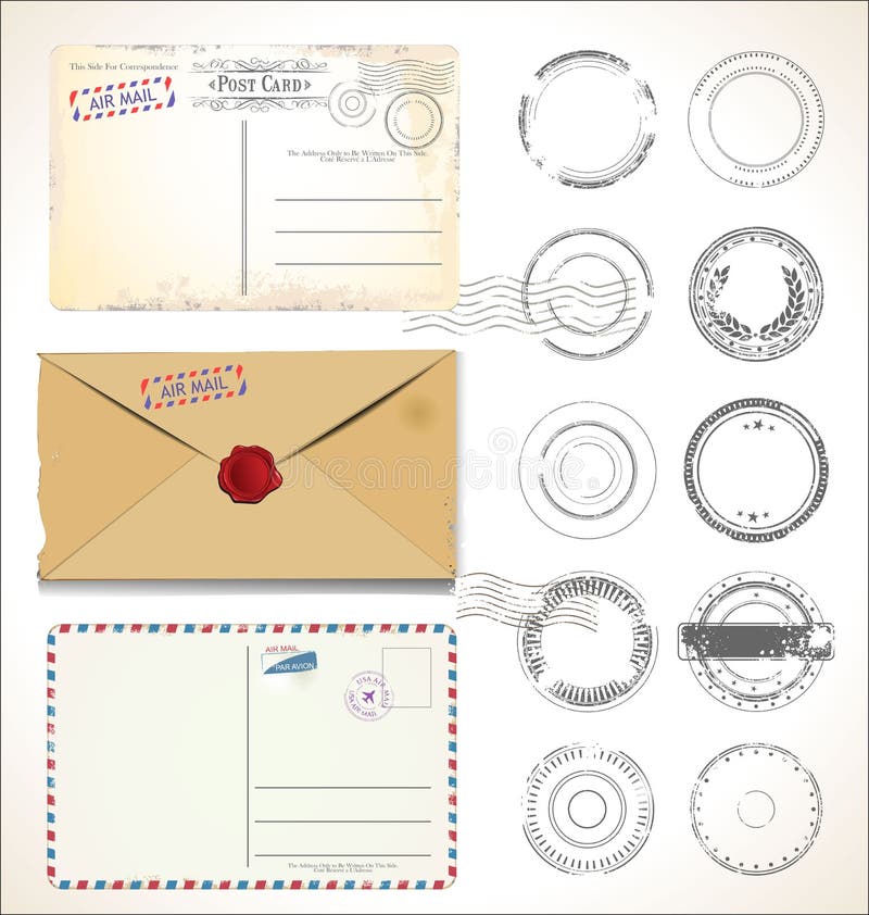 Poststempel und Postkarte auf weißer Hintergrundpostpost-Luftpost stock abbildung Poststempel und Postkarte auf weißer Hintergrundpostpost-Luftpost stock abbildung