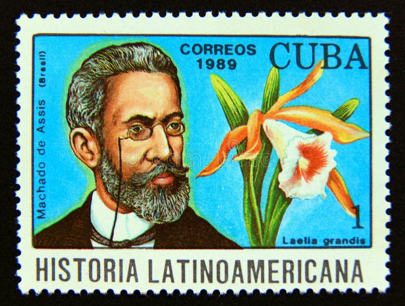 Poststämpel Kuba 1989. machado de assiso och lilly laelia grandis orchid Blor royaltyfri fotografi
