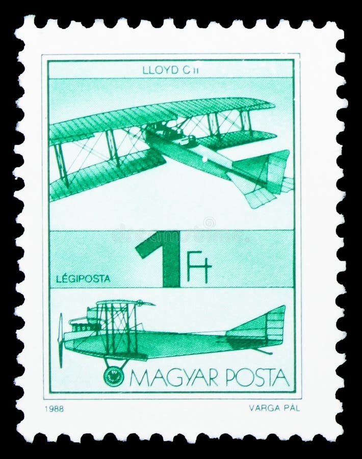 MOSCOW, RUSSIA - JUNE 28, 2020: Postage stamp printed in Hungary shows Lloyd C II 1915, Airplanes serie, circa 1988. MOSCOW, RUSSIA - JUNE 28, 2020: Postage stamp printed in Hungary shows Lloyd C II 1915, Airplanes serie, circa 1988