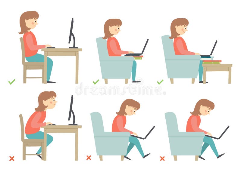 Postura correcta e incorrecta de las actividades en rutina diaria - sentándose y trabajando con un ordenador Carácter de la mujer stock de ilustración Postura correcta e incorrecta de las actividades en rutina diaria - sentándose y trabajando con un ordenador Carácter de la mujer stock de ilustración