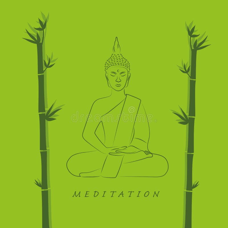Posture méditante de Bouddha dans la couleur verte en position de lotus avec le bambou illustration libre de droits Posture méditante de Bouddha dans la couleur verte en position de lotus avec le bambou illustration libre de droits