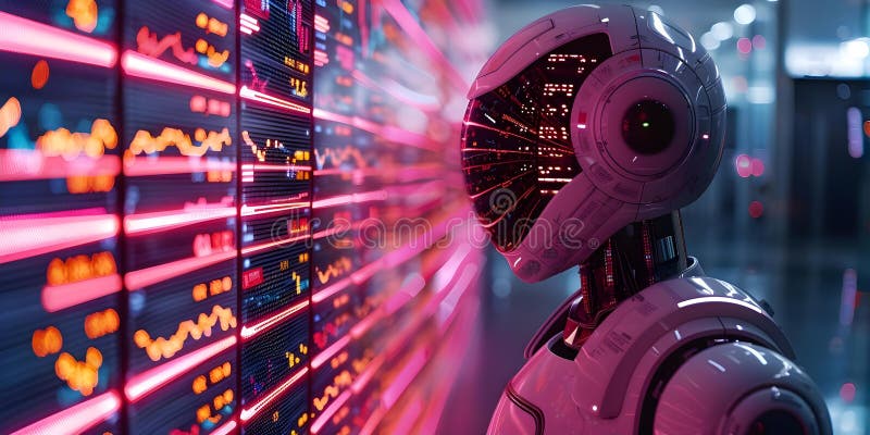 Postępy w ai : robot analizujący wykres handlowy na giełdzie papierów wartościowych. koncepcja ai w magazynie ilustracji