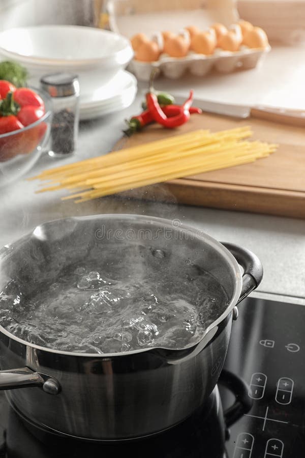 Pot with Boiling Water on Electric Stove Stock Image Image of