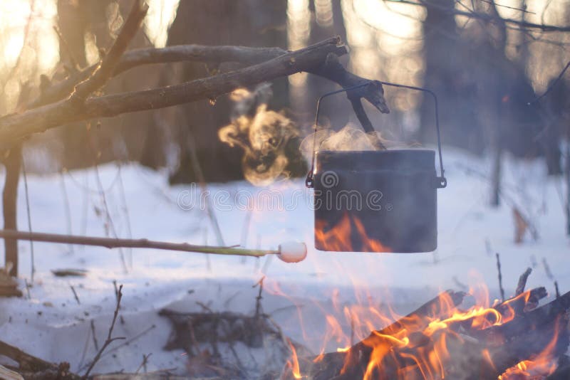 A pot of boiling water on the fire warms in the winter forest, royalty free stock photos A pot of boiling water on the fire warms in the winter forest, royalty free stock photos