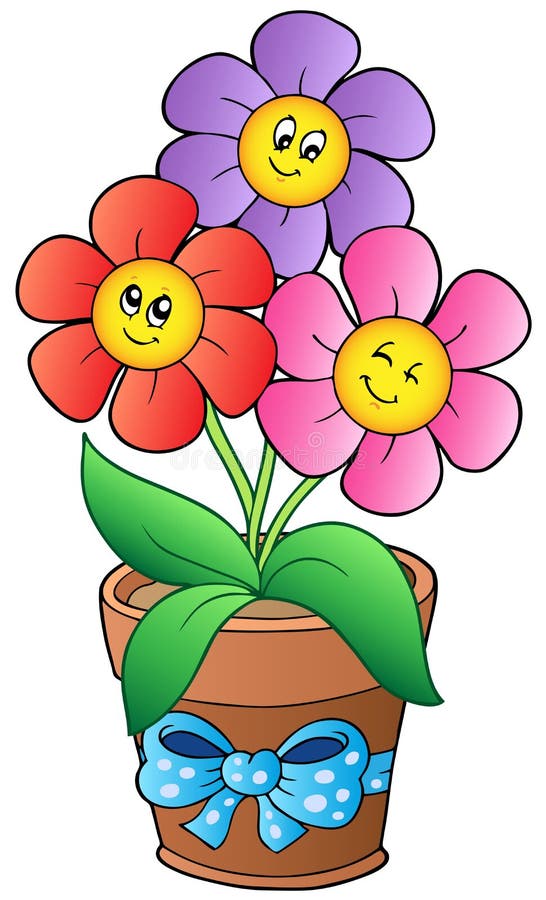 Pot with three cartoon flowers - illustration. Pot with three cartoon flowers - illustration.