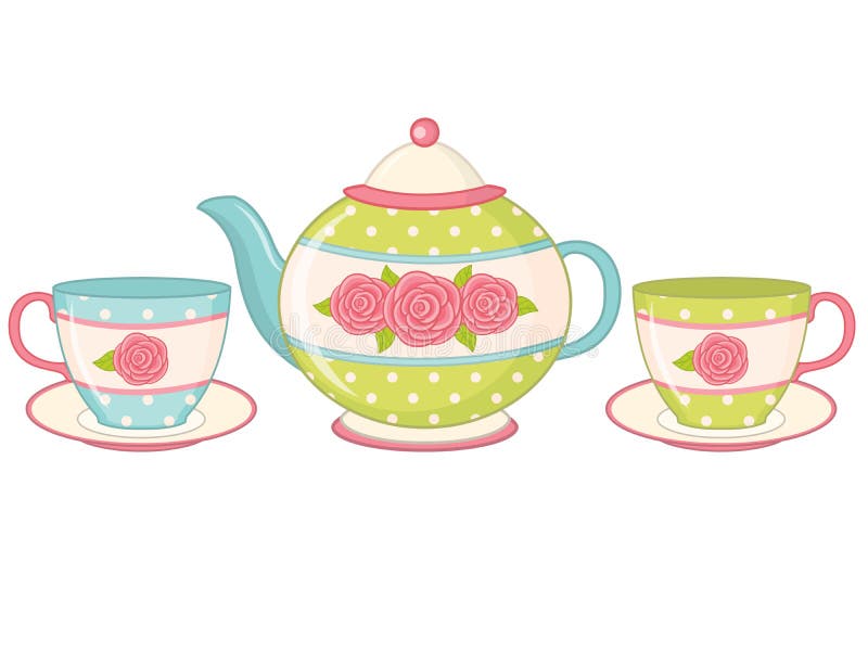 Pot de thé de vecteur avec des tasses et soucoupes de thé