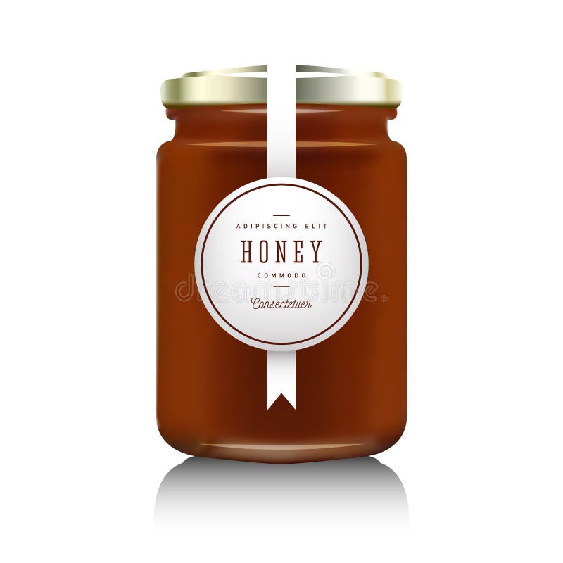 Glass jar with with jam, configure or honey. Vector illustration. Packaging collection. Label for honey. Bank realistic. Mock up mason jar with design label or badges. Glass jar with with jam, configure or honey. Vector illustration. Packaging collection. Label for honey. Bank realistic. Mock up mason jar with design label or badges