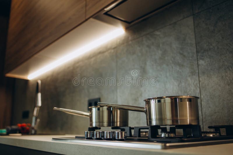 Pot on the Gas Stove and Cooking in Kitchen. Stock Image Image of