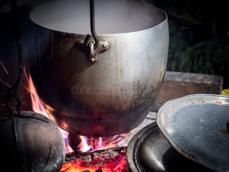 Pot Hanging from the Fireplace Above the Wood Fire Stock Image Image