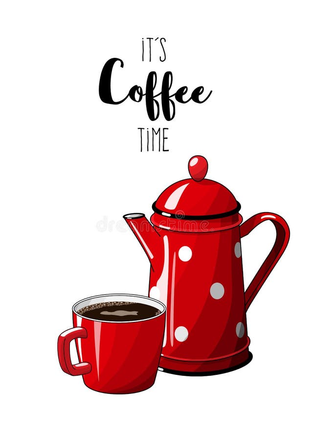 Pot rouge de café de vintage avec la tasse sur le fond blanc, avec le texte il temps de café du ` s, illustration dans le style c