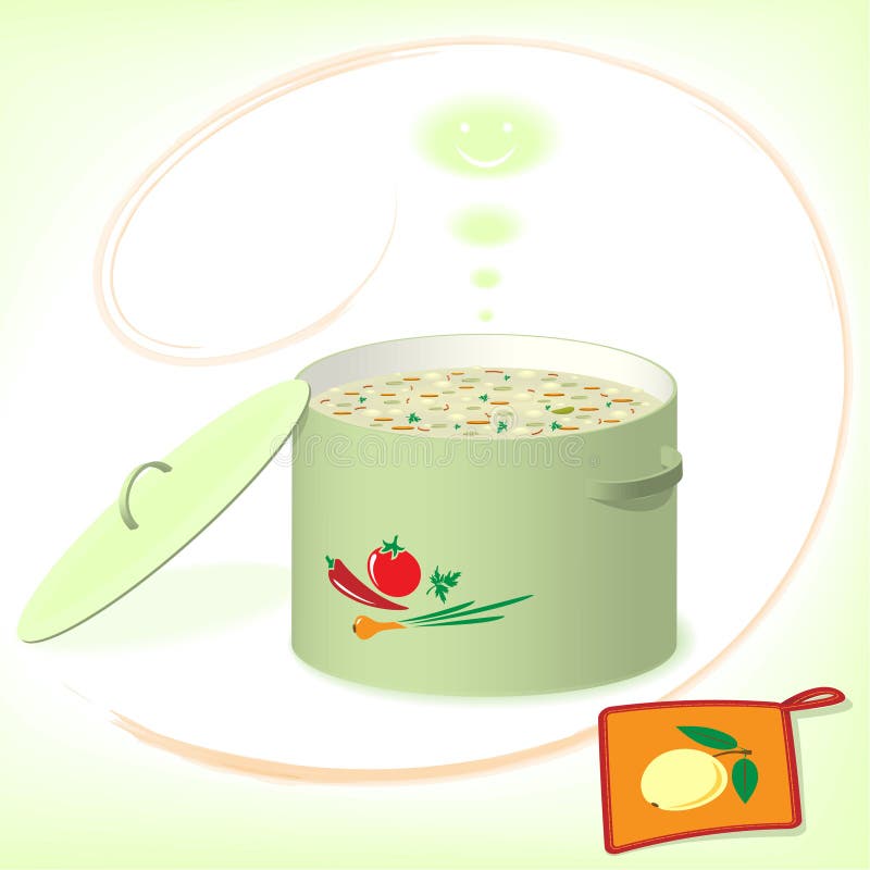 Pot with soup on the green background vector illustration