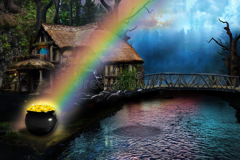 Pot van goud aan het eind van de regenboog door een plattelandshuisje van het land royalty-vrije stock fotografie Pot van goud aan het eind van de regenboog door een plattelandshuisje van het land royalty-vrije stock fotografie