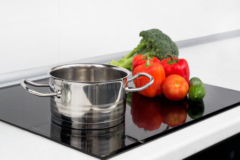 Pot and vegetables in modern kitchen royalty free stock photo