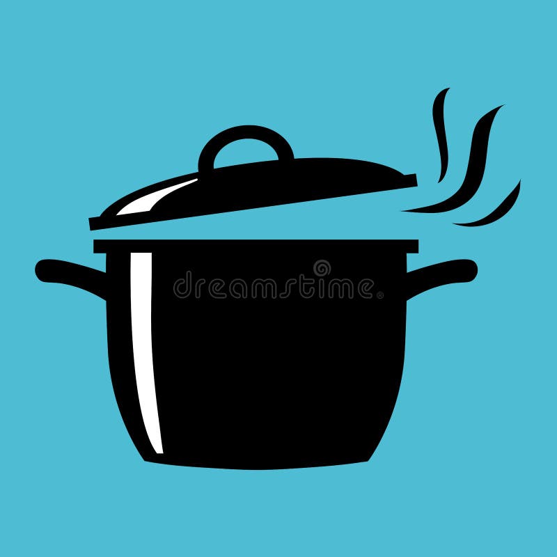 Pot à cuire simple, plat, noir et blanc avec la vapeur venant illustration de silhouette