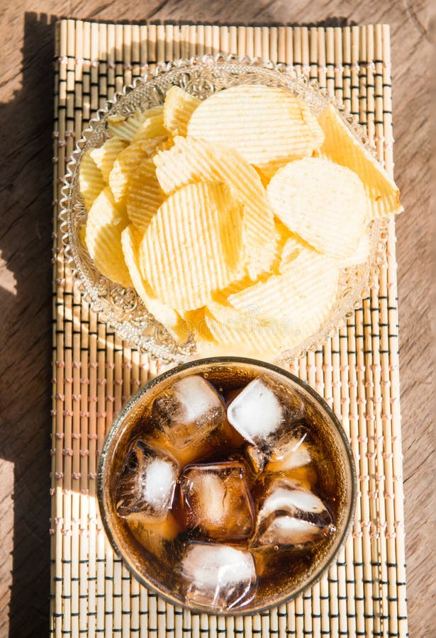 Potato Chip and Sparking Water Stock Image Image of wood, plank 55720127