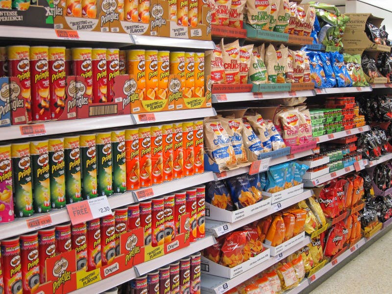 Potato chips or crisps on a store shelf.