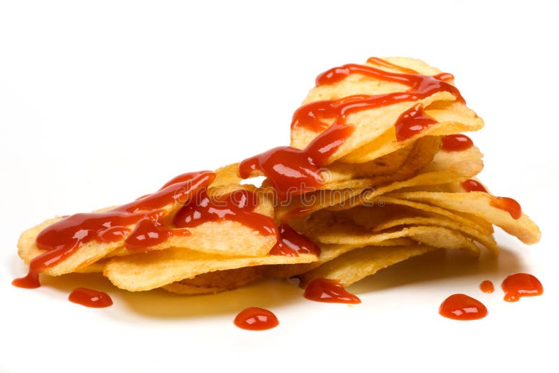 Potato chips with ketchup stock image. Image of white 10915431