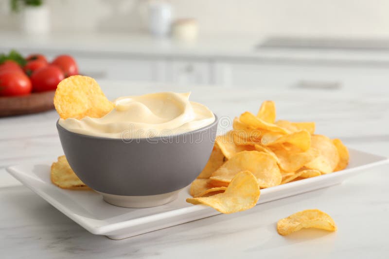 Potato Chips and Mayonnaise on White Marble Table Stock Image Image