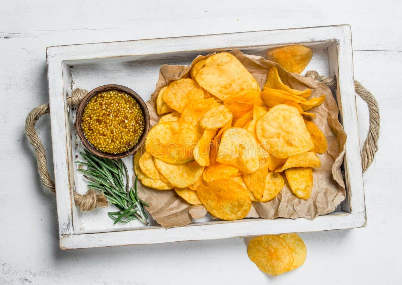 Potato Chips in a White Box with Mustard Sauce Stock Image Image of