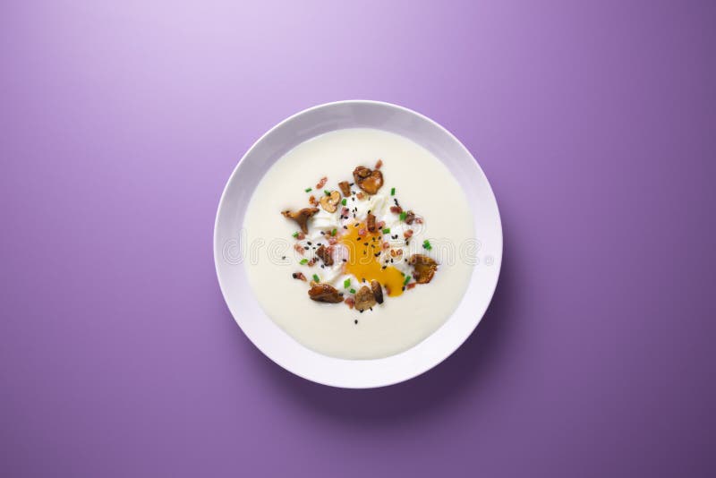 Potato Cream with Mushrooms and Poached Egg. Stock Image Image of