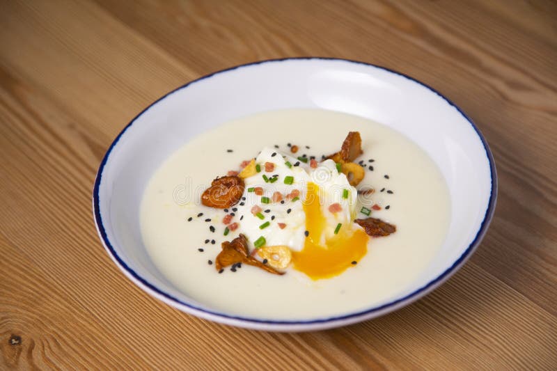 Potato Cream with Mushrooms and Poached Egg. Stock Image Image of