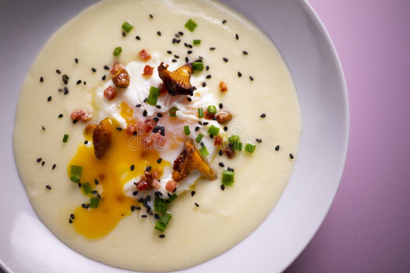 Potato Cream with Mushrooms and Poached Egg. Stock Image Image of