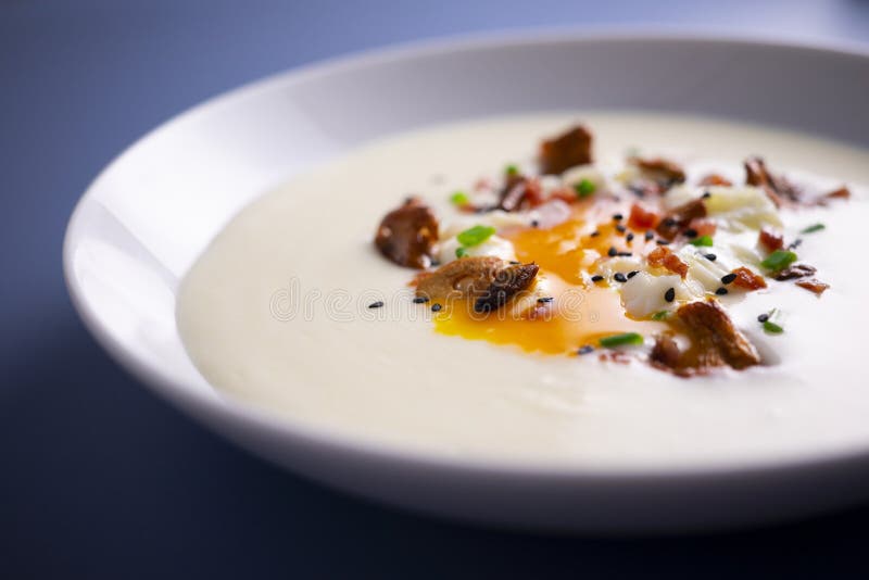 Potato Cream with Mushrooms and Poached Egg. Stock Image Image of