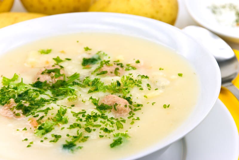 Potato cream soup with chopped meat balls